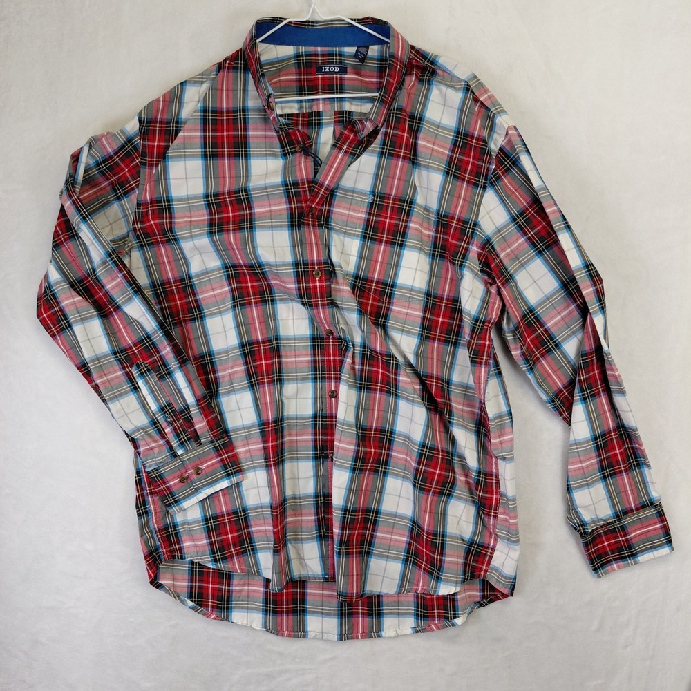 IZOD Mens XL Plaid Button Down Shirt Long Sleeve Red White Blue Multi-Color